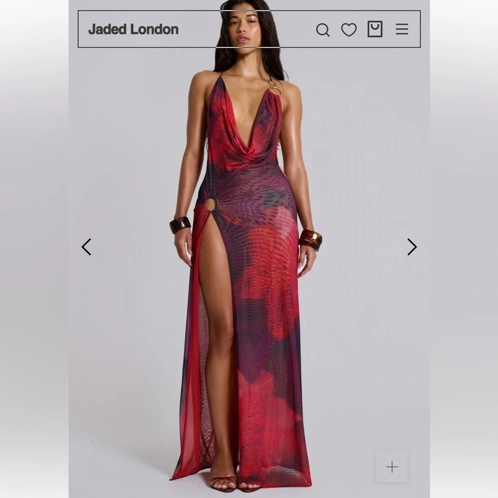 Jaded London Vixen Red Maxi Dress micro mesh print cut out Revolve NWT 2